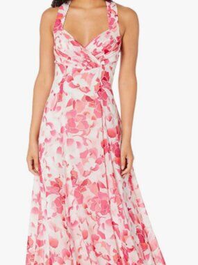 NWT Calvin Klein Floral Chiffon Maxi Dress Pink Red Gown 12